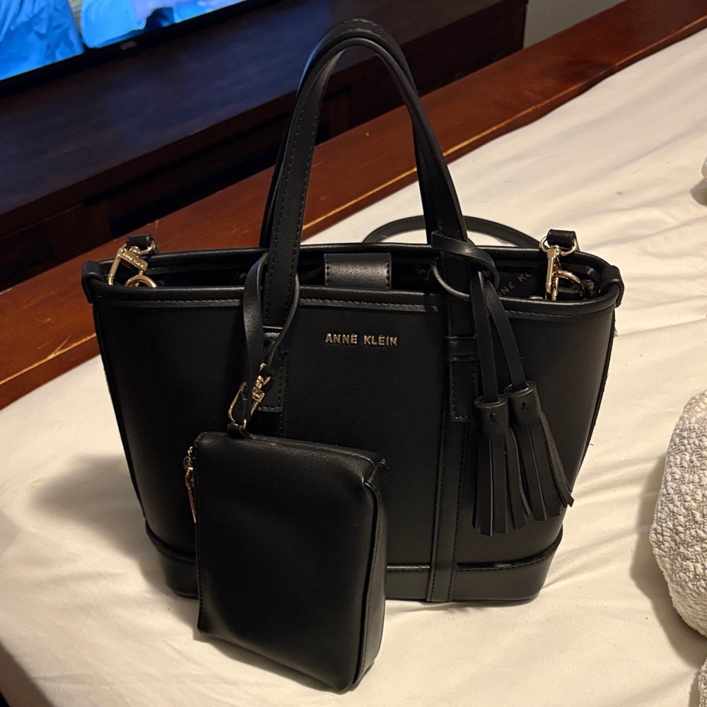 Anne Klein Black Satchel with Tassel and Pouch
